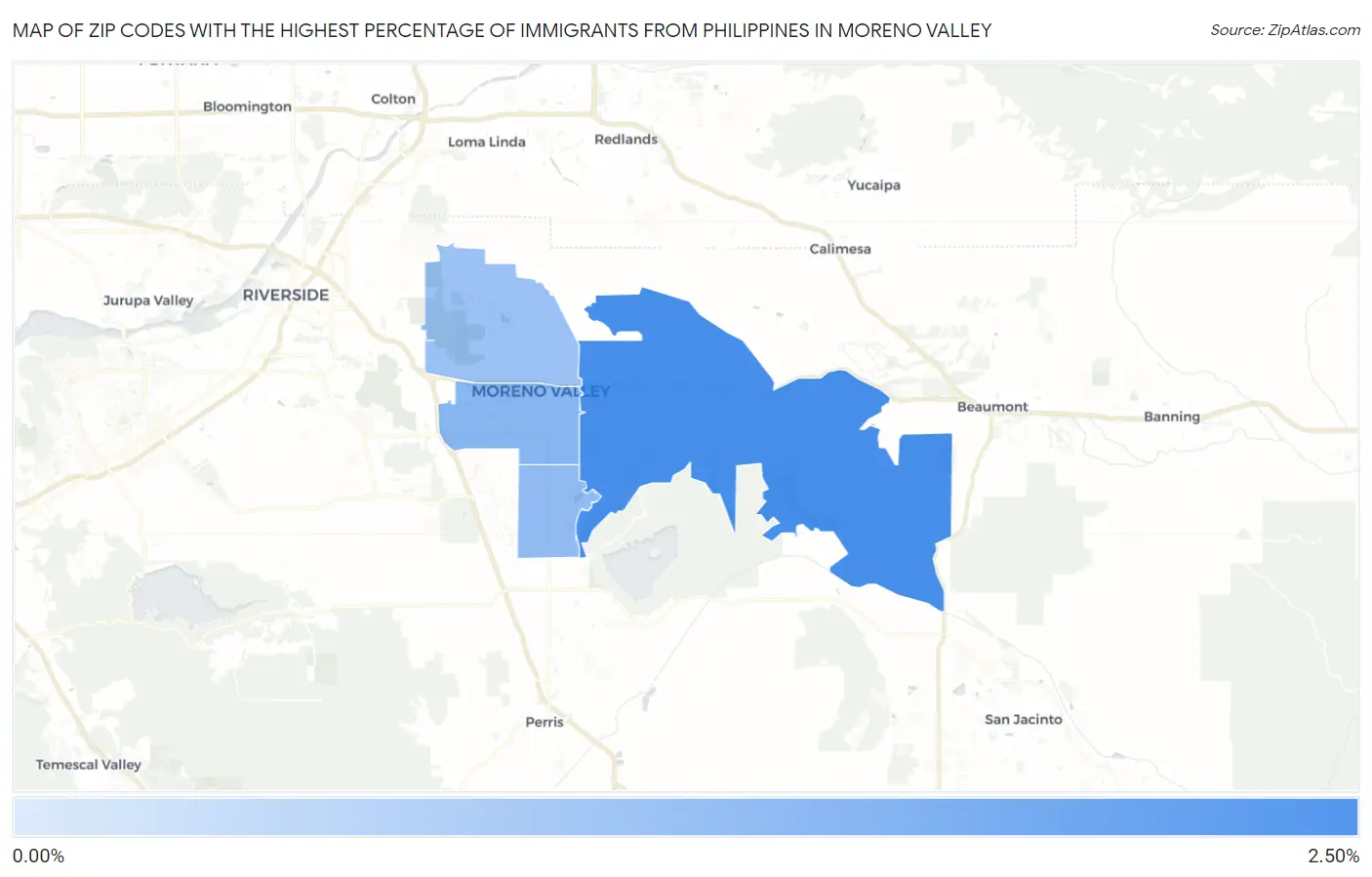 Zip Codes with the Highest Percentage of Immigrants from Philippines in Moreno Valley Map