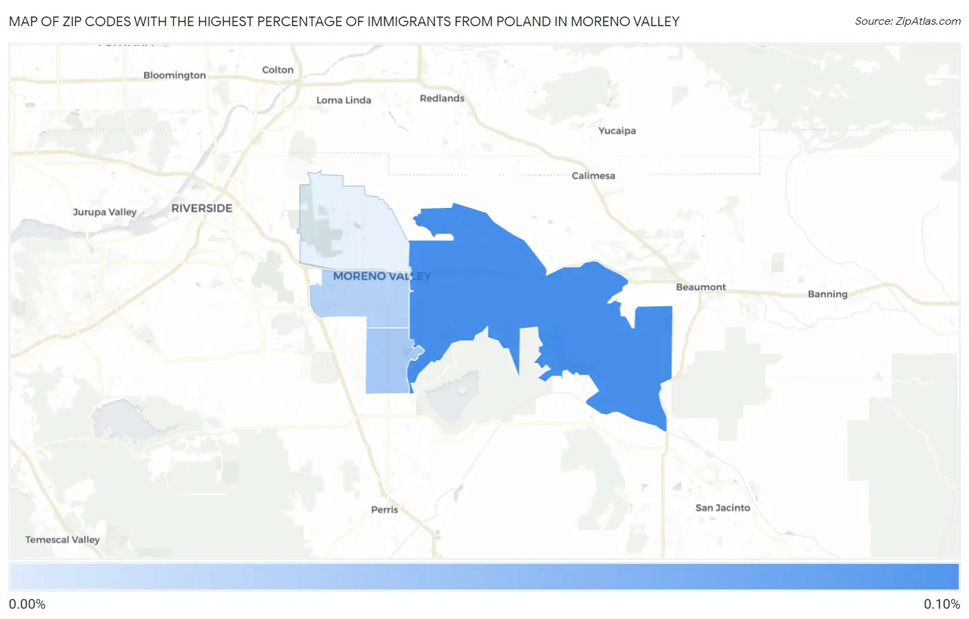 Zip Codes with the Highest Percentage of Immigrants from Poland in Moreno Valley Map