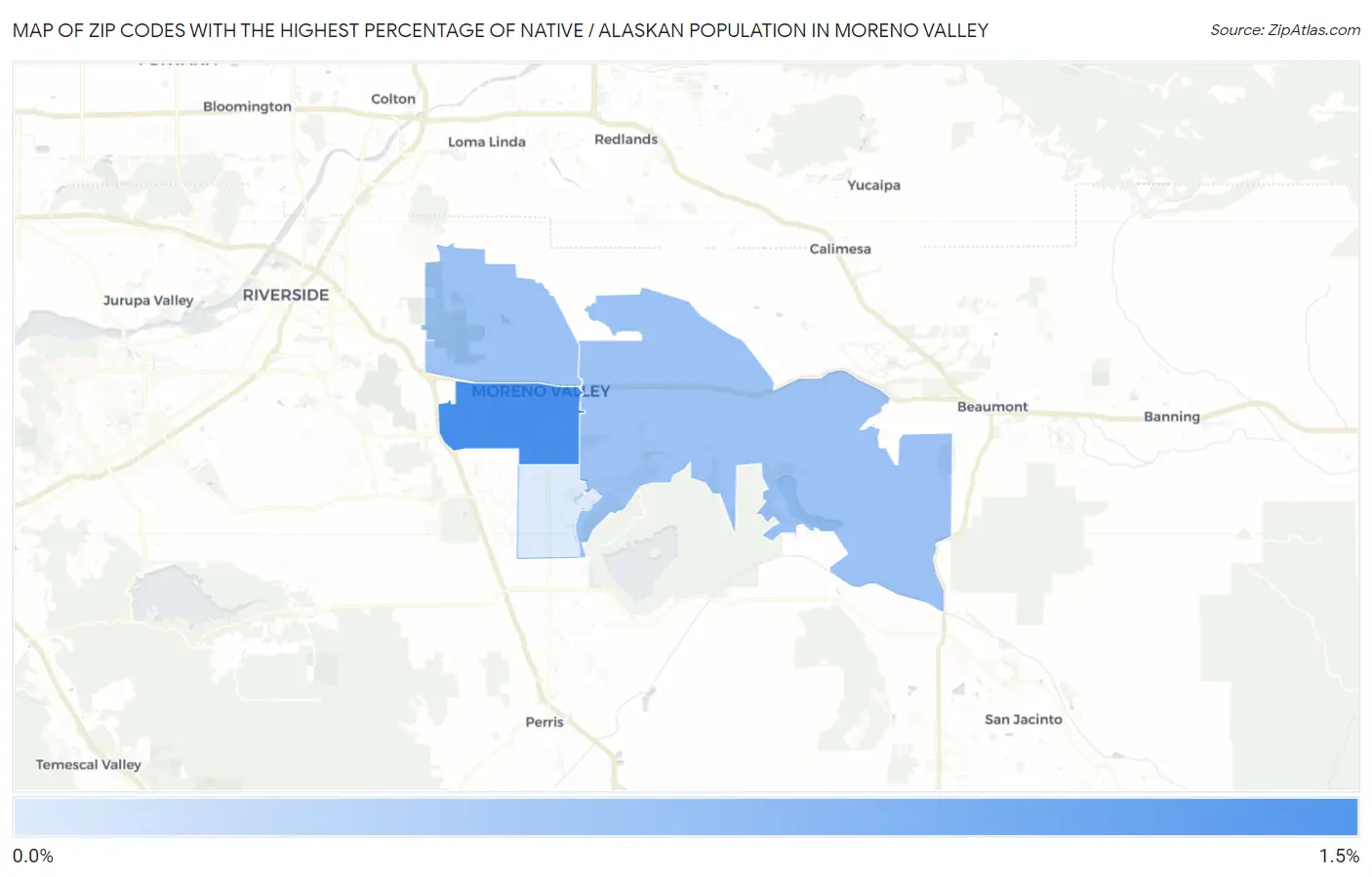 Zip Codes with the Highest Percentage of Native / Alaskan Population in Moreno Valley Map