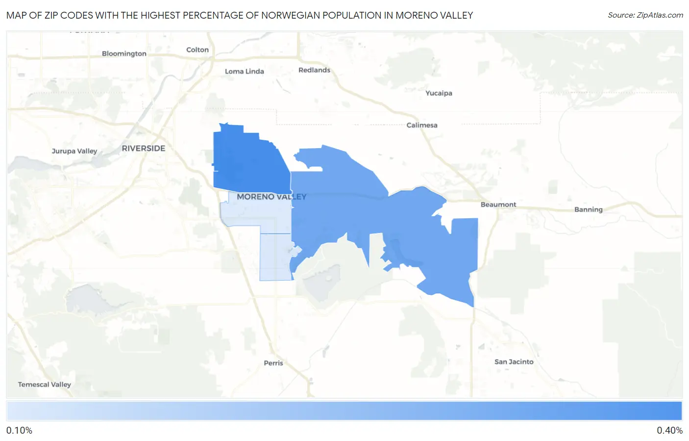 Zip Codes with the Highest Percentage of Norwegian Population in Moreno Valley Map