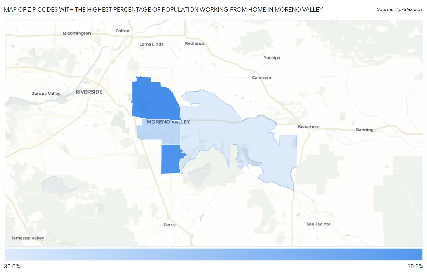 Zip Codes with the Highest Percentage of Population Working from Home in Moreno Valley Map