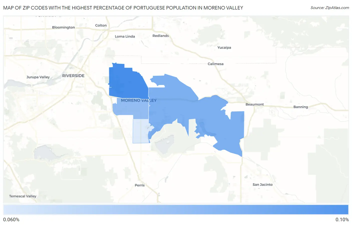 Zip Codes with the Highest Percentage of Portuguese Population in Moreno Valley Map