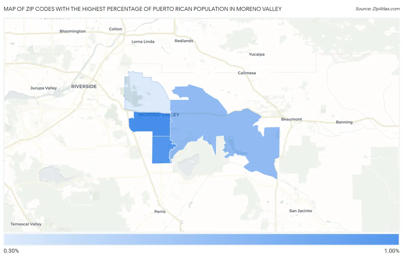 Zip Codes with the Highest Percentage of Puerto Rican Population in Moreno Valley Map