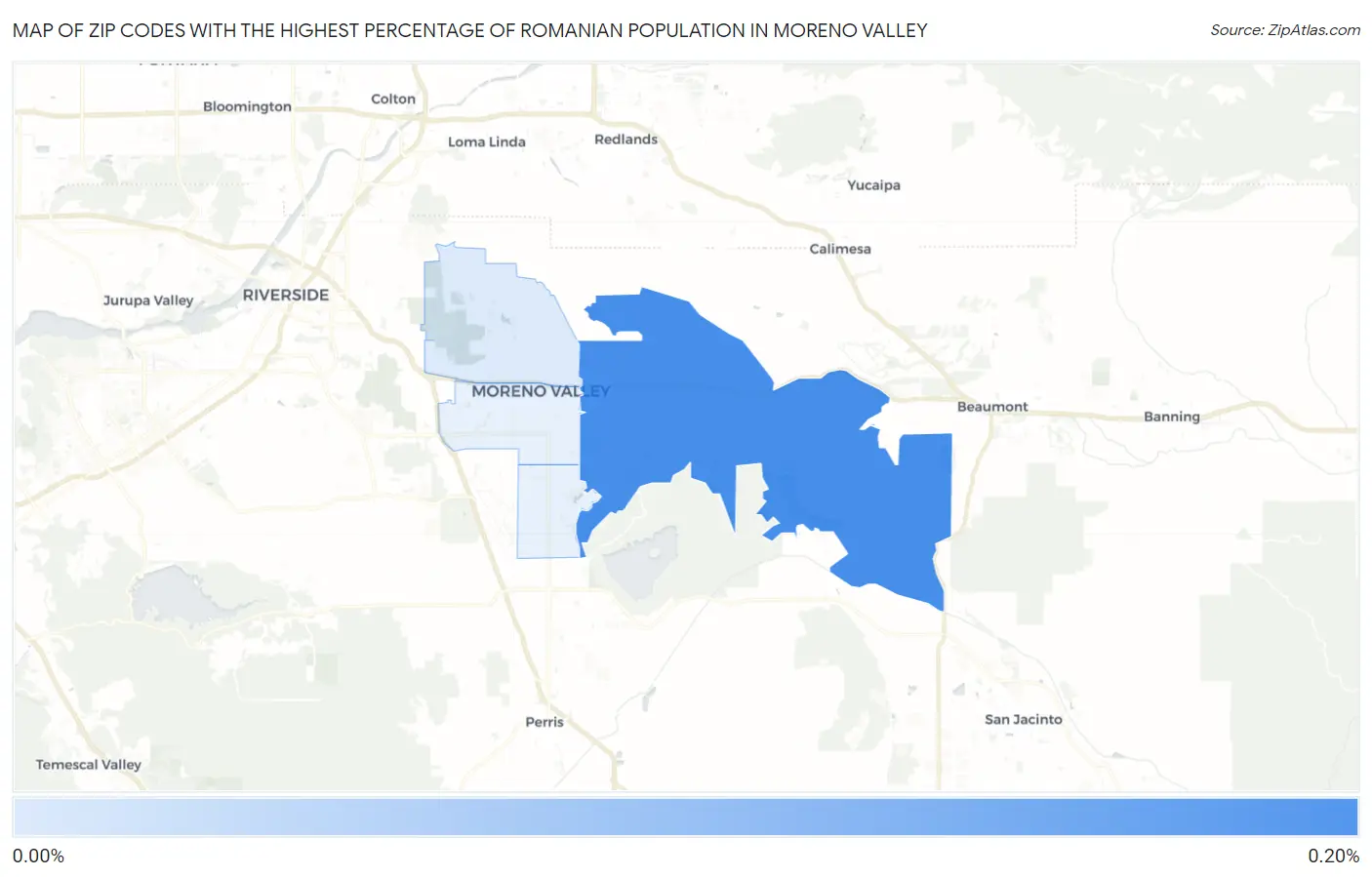 Zip Codes with the Highest Percentage of Romanian Population in Moreno Valley Map