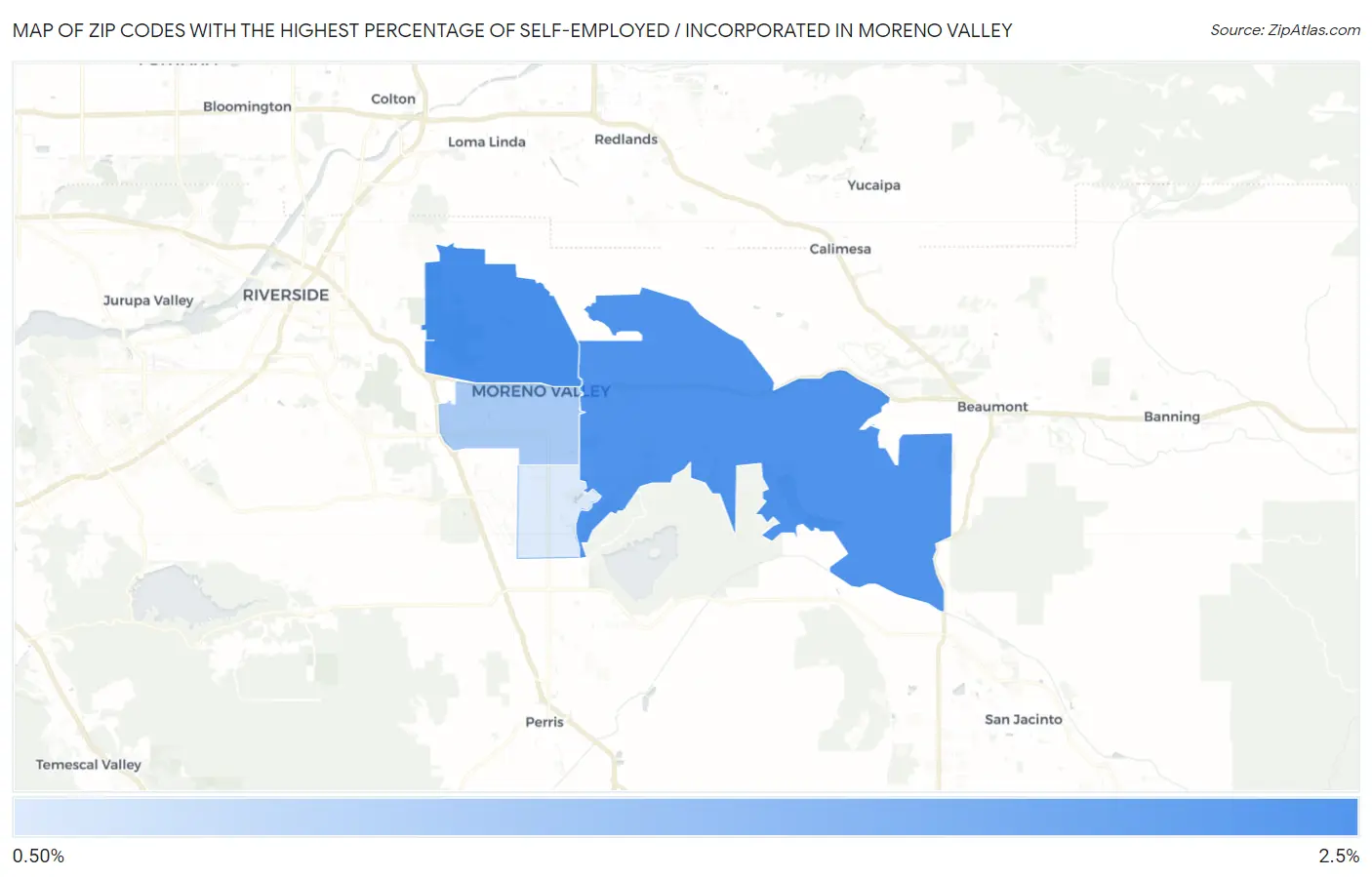 Zip Codes with the Highest Percentage of Self-Employed / Incorporated in Moreno Valley Map