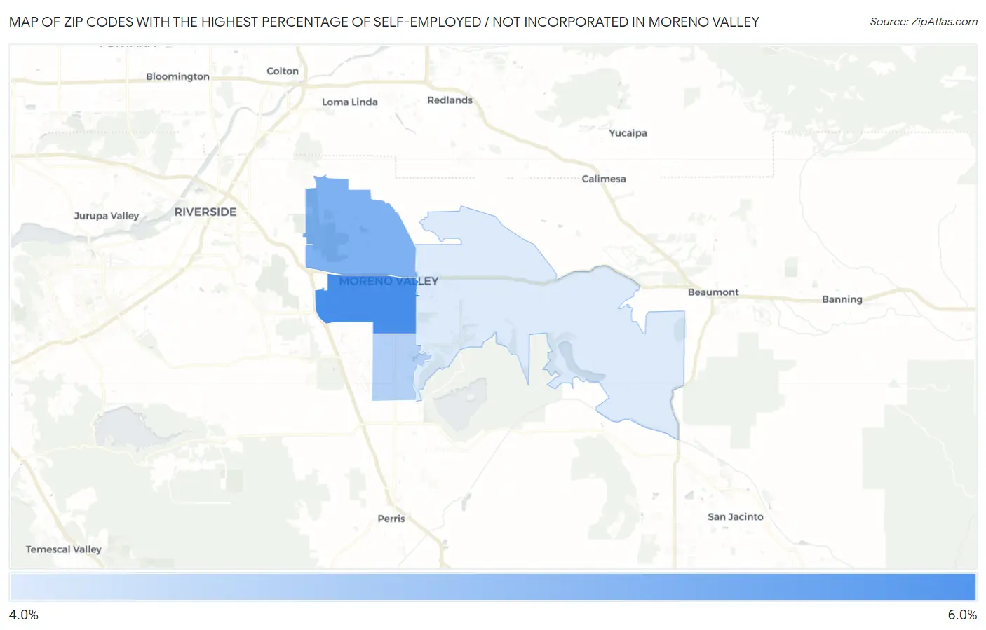 Zip Codes with the Highest Percentage of Self-Employed / Not Incorporated in Moreno Valley Map