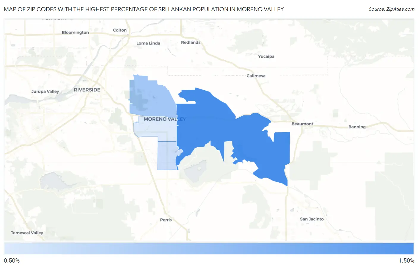 Zip Codes with the Highest Percentage of Sri Lankan Population in Moreno Valley Map