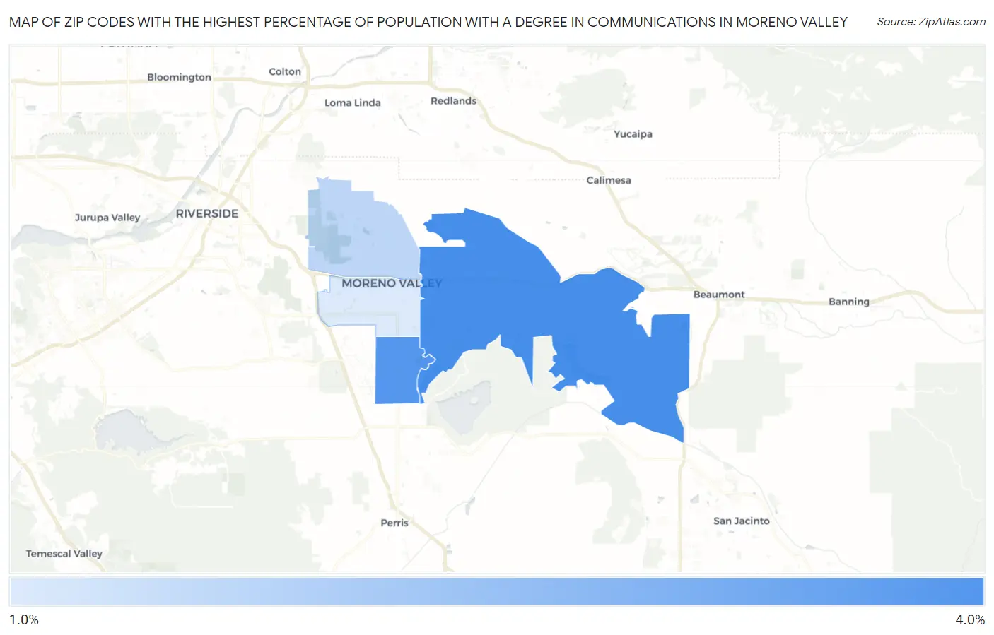 Zip Codes with the Highest Percentage of Population with a Degree in Communications in Moreno Valley Map