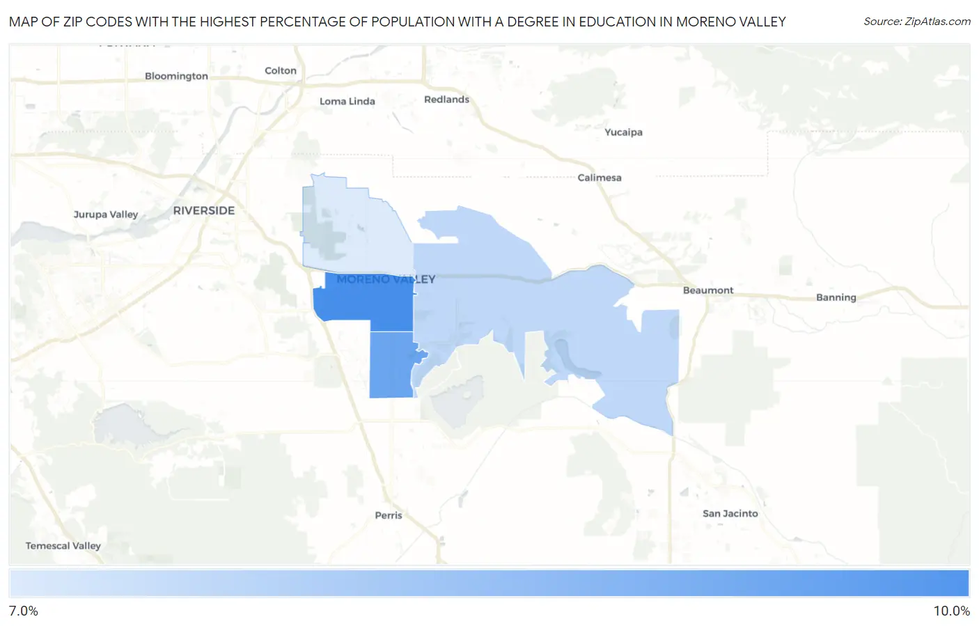 Zip Codes with the Highest Percentage of Population with a Degree in Education in Moreno Valley Map
