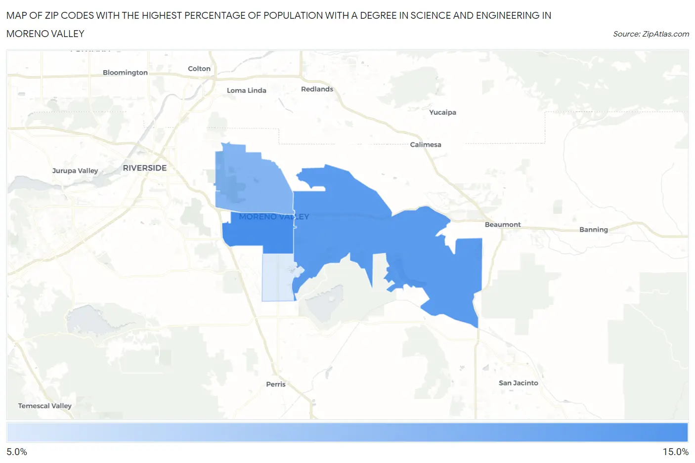 Zip Codes with the Highest Percentage of Population with a Degree in Science and Engineering in Moreno Valley Map