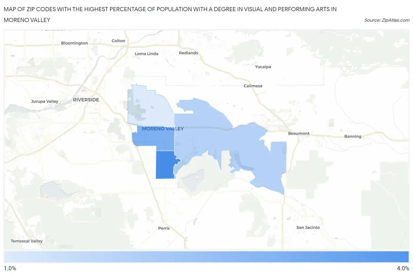 Zip Codes with the Highest Percentage of Population with a Degree in Visual and Performing Arts in Moreno Valley Map