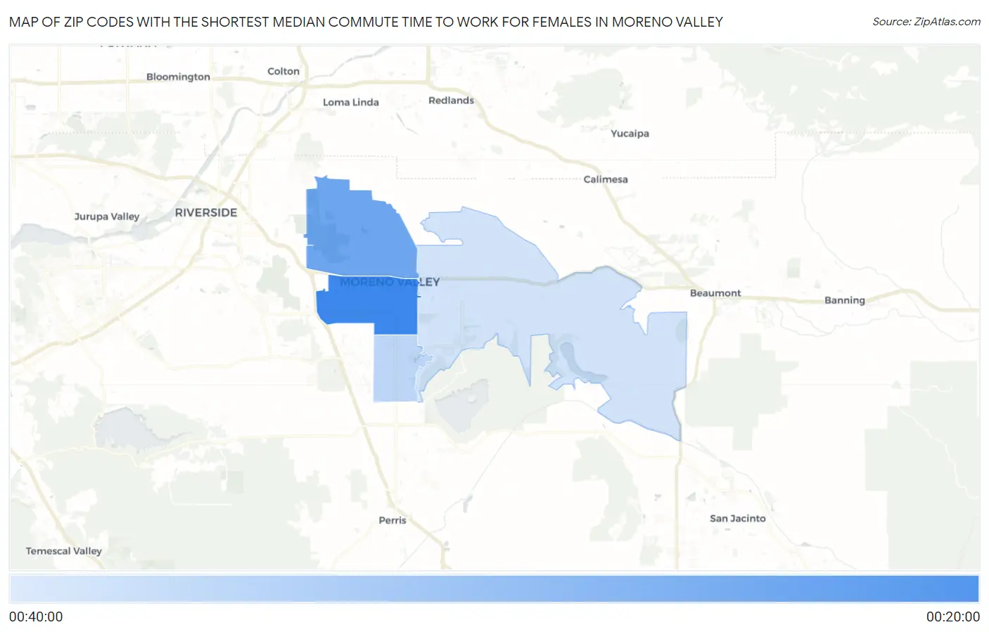 Zip Codes with the Shortest Median Commute Time to Work for Females in Moreno Valley Map