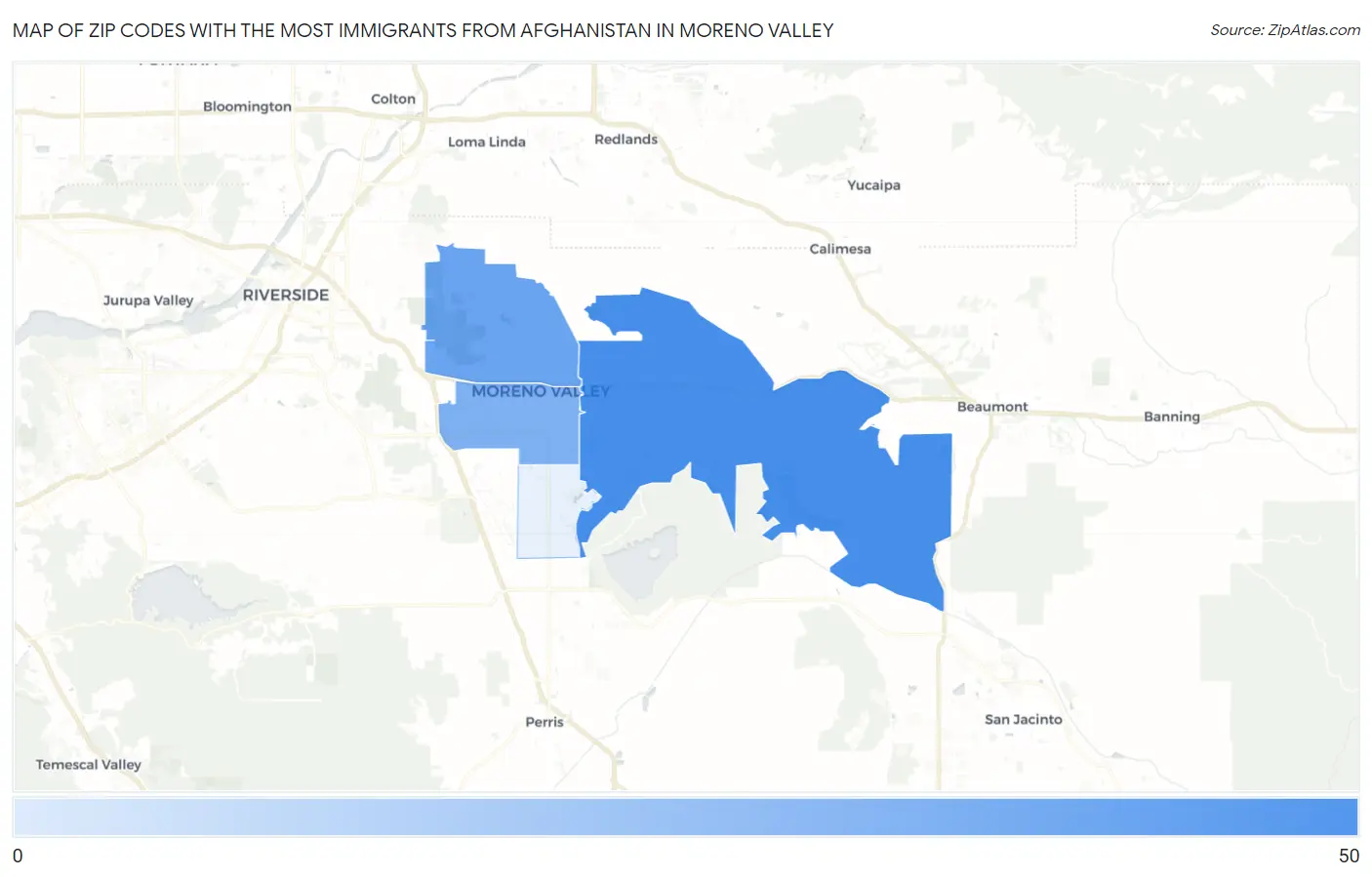 Zip Codes with the Most Immigrants from Afghanistan in Moreno Valley Map