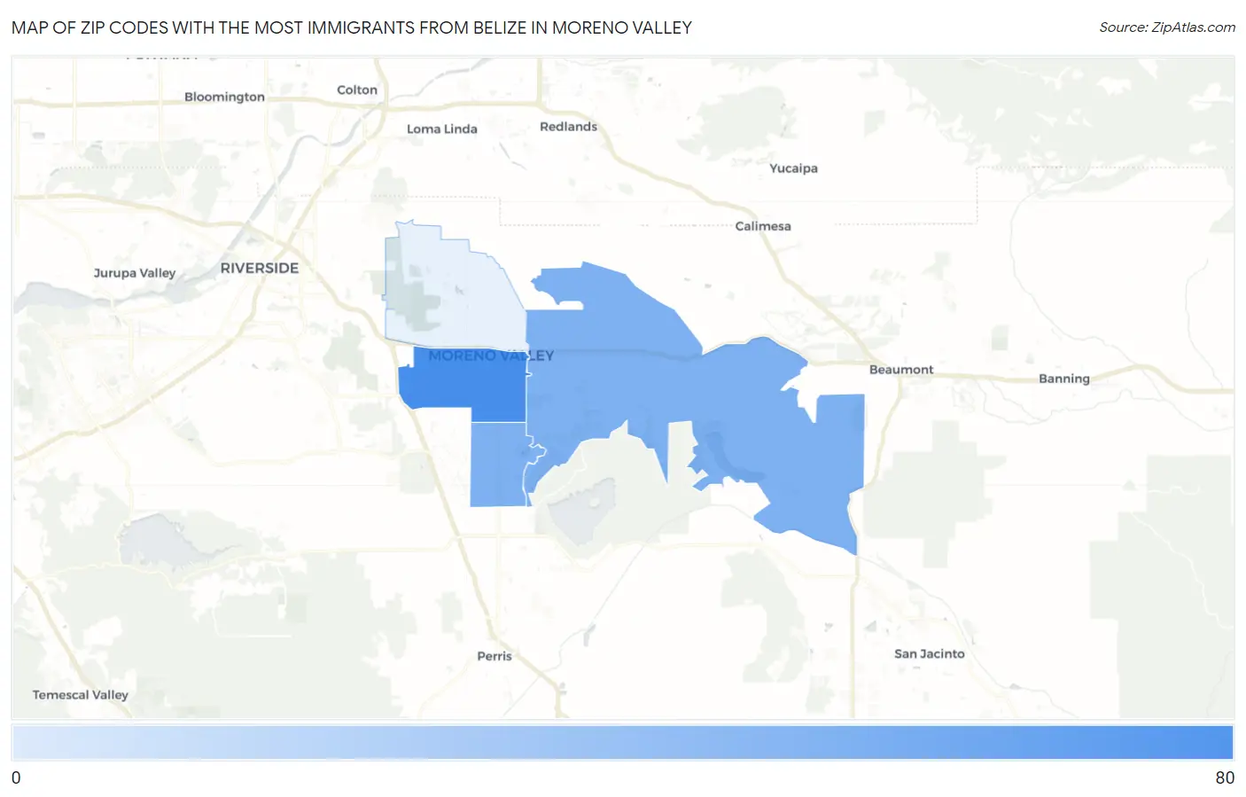 Zip Codes with the Most Immigrants from Belize in Moreno Valley Map