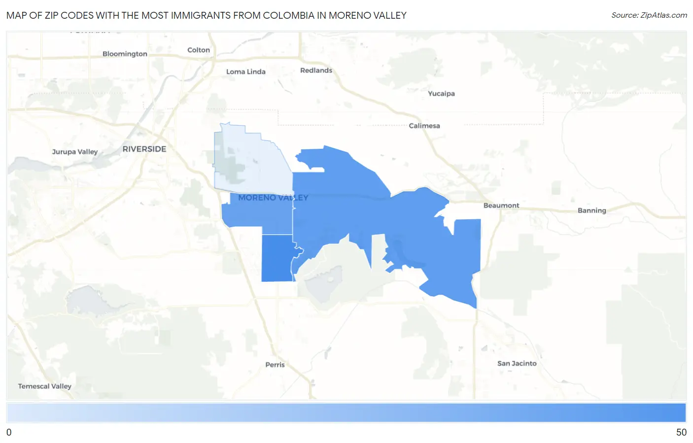 Zip Codes with the Most Immigrants from Colombia in Moreno Valley Map