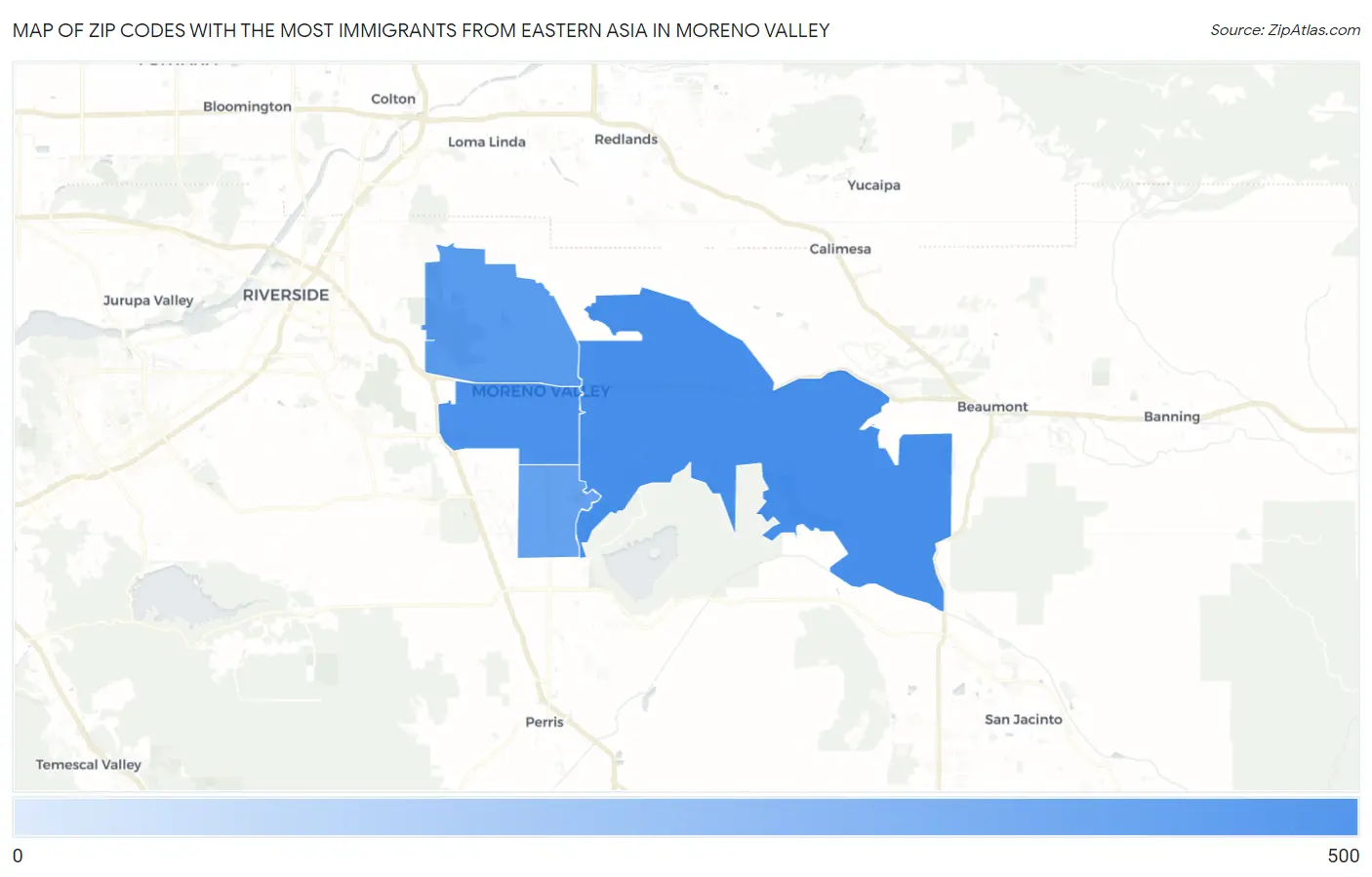 Zip Codes with the Most Immigrants from Eastern Asia in Moreno Valley Map