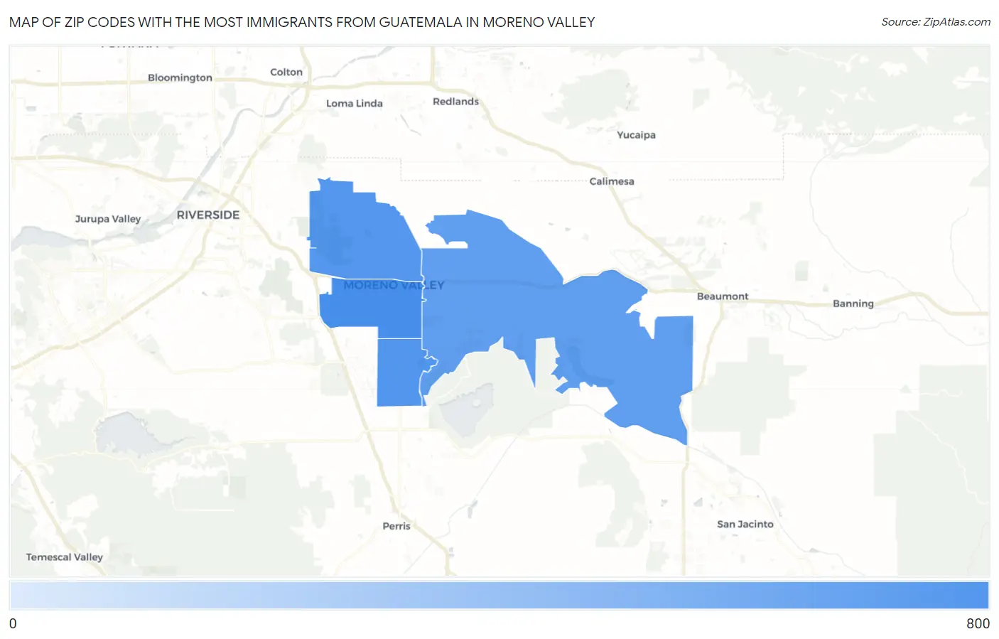 Zip Codes with the Most Immigrants from Guatemala in Moreno Valley Map