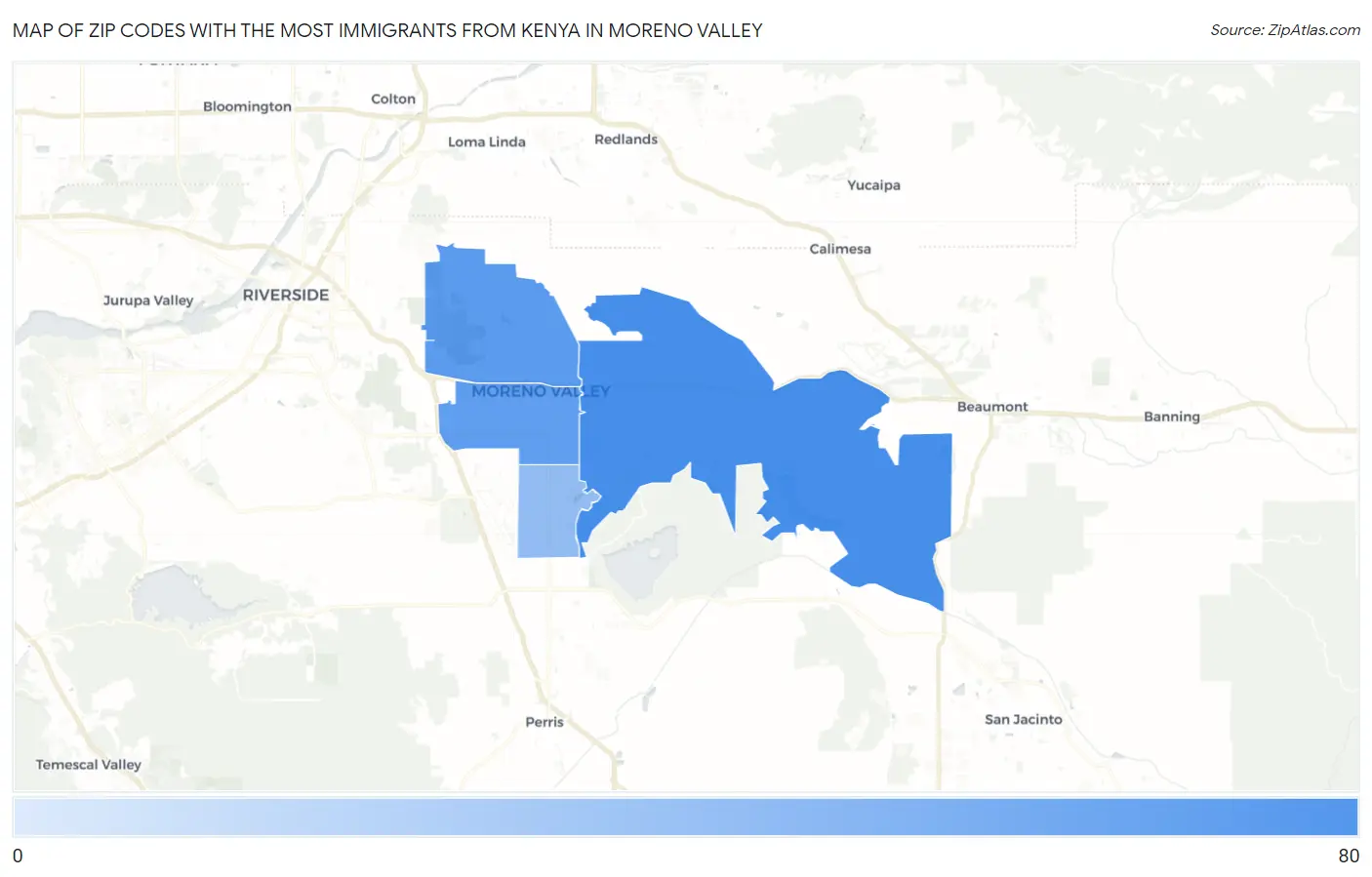 Zip Codes with the Most Immigrants from Kenya in Moreno Valley Map