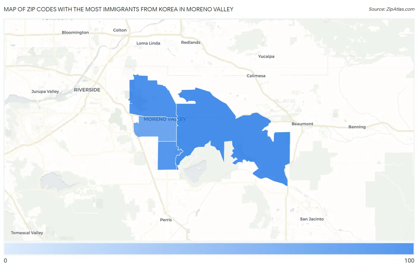 Zip Codes with the Most Immigrants from Korea in Moreno Valley Map