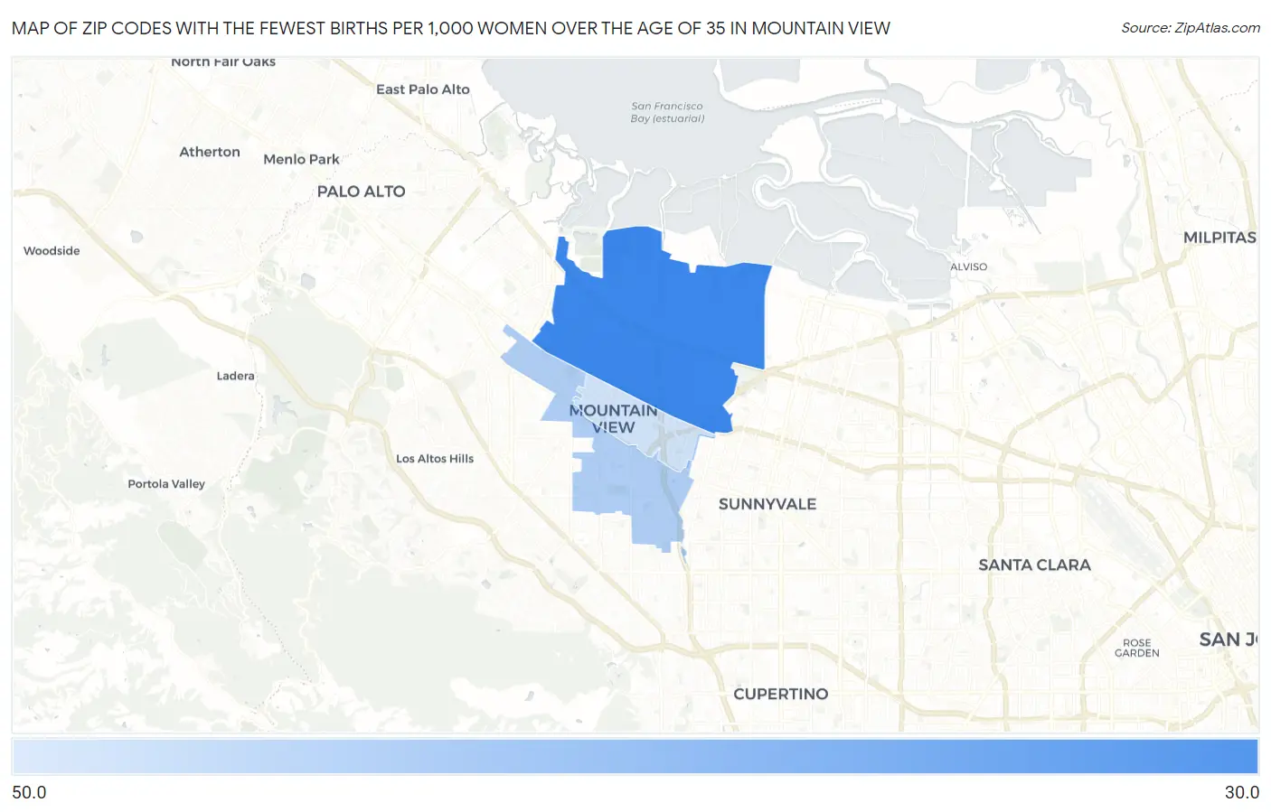 Zip Codes with the Fewest Births per 1,000 Women Over the Age of 35 in Mountain View Map