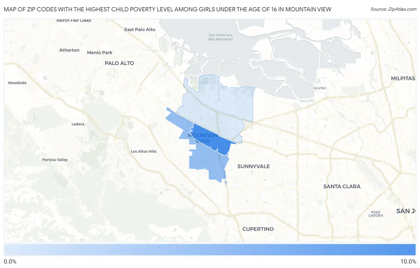 Zip Codes with the Highest Child Poverty Level Among Girls Under the Age of 16 in Mountain View Map