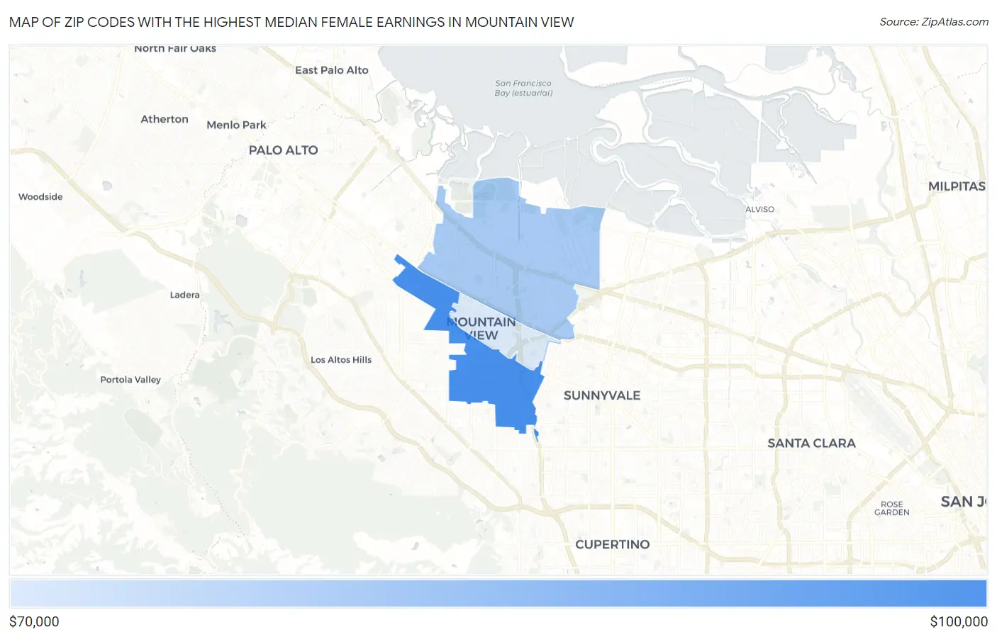 Zip Codes with the Highest Median Female Earnings in Mountain View Map