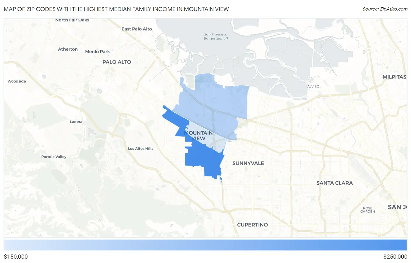 Zip Codes with the Highest Median Family Income in Mountain View Map