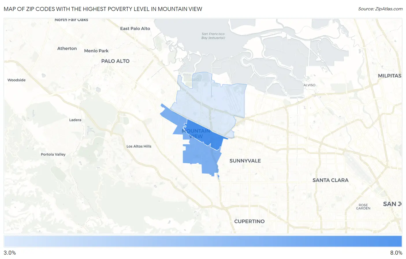 Zip Codes with the Highest Poverty Level in Mountain View Map