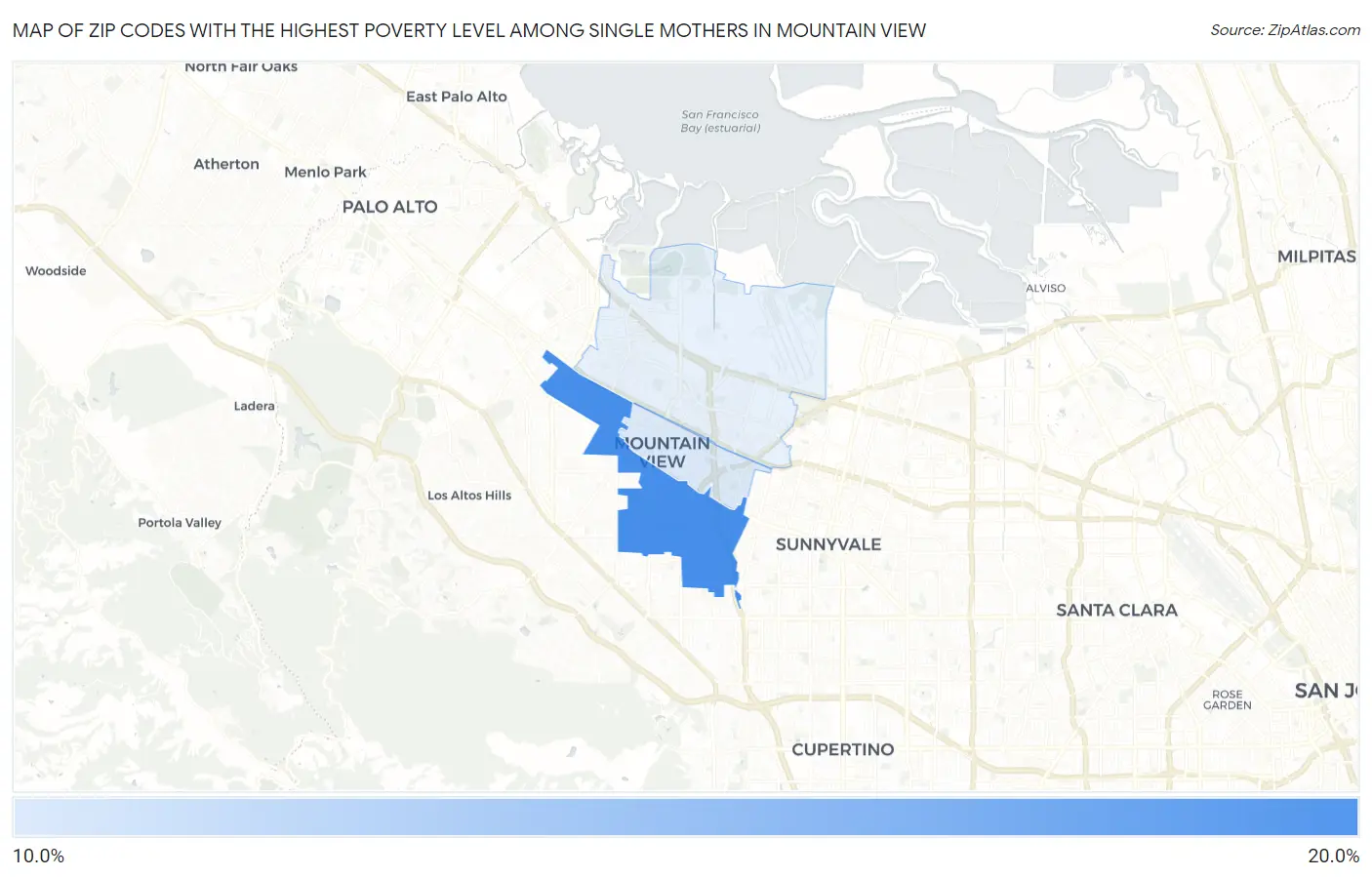 Zip Codes with the Highest Poverty Level Among Single Mothers in Mountain View Map