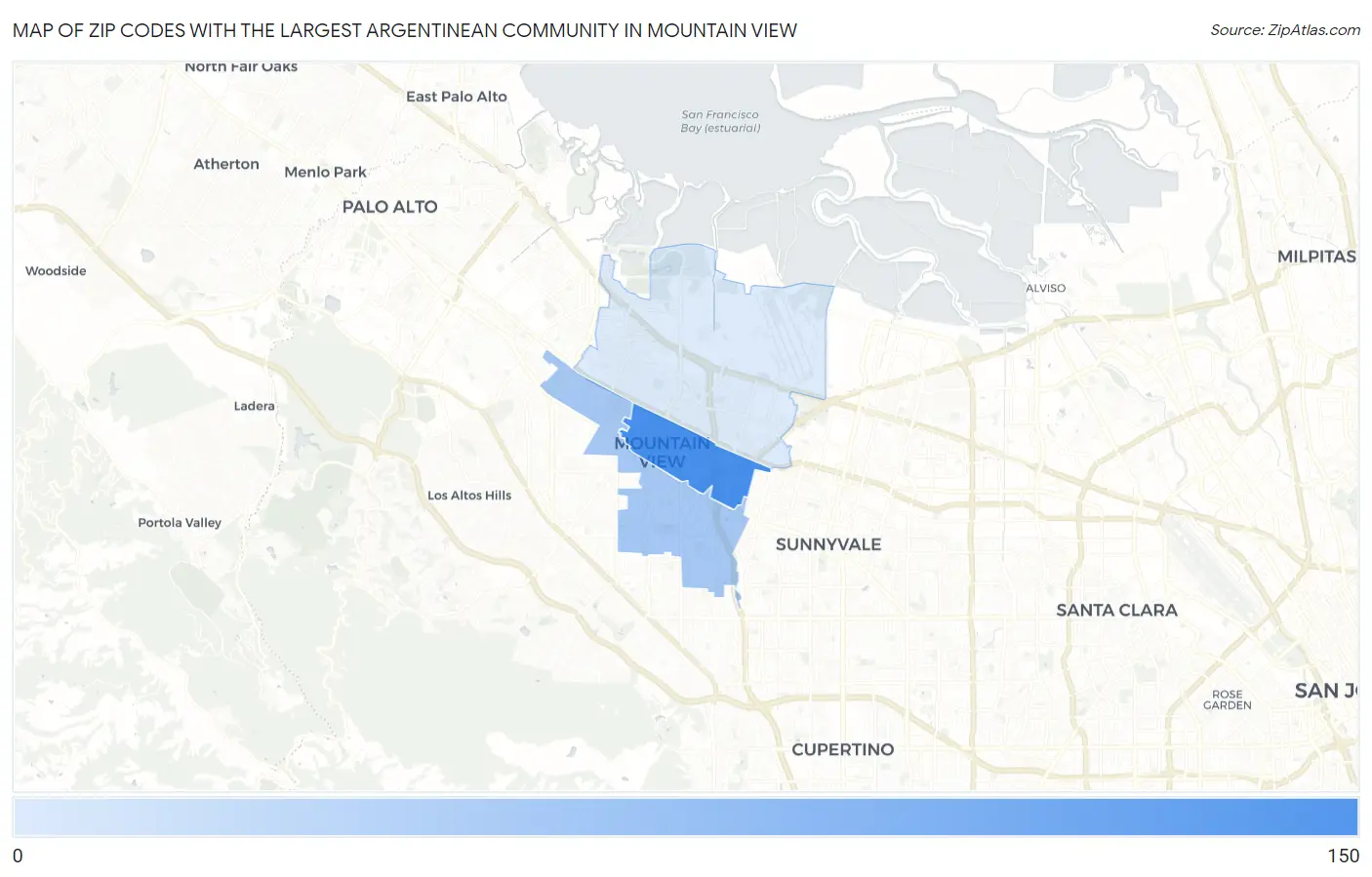 Zip Codes with the Largest Argentinean Community in Mountain View Map