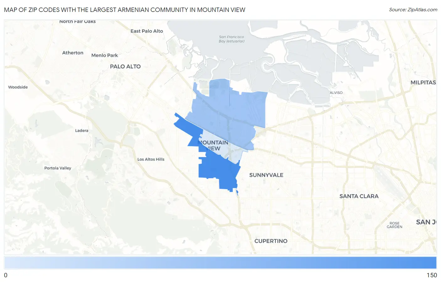 Zip Codes with the Largest Armenian Community in Mountain View Map