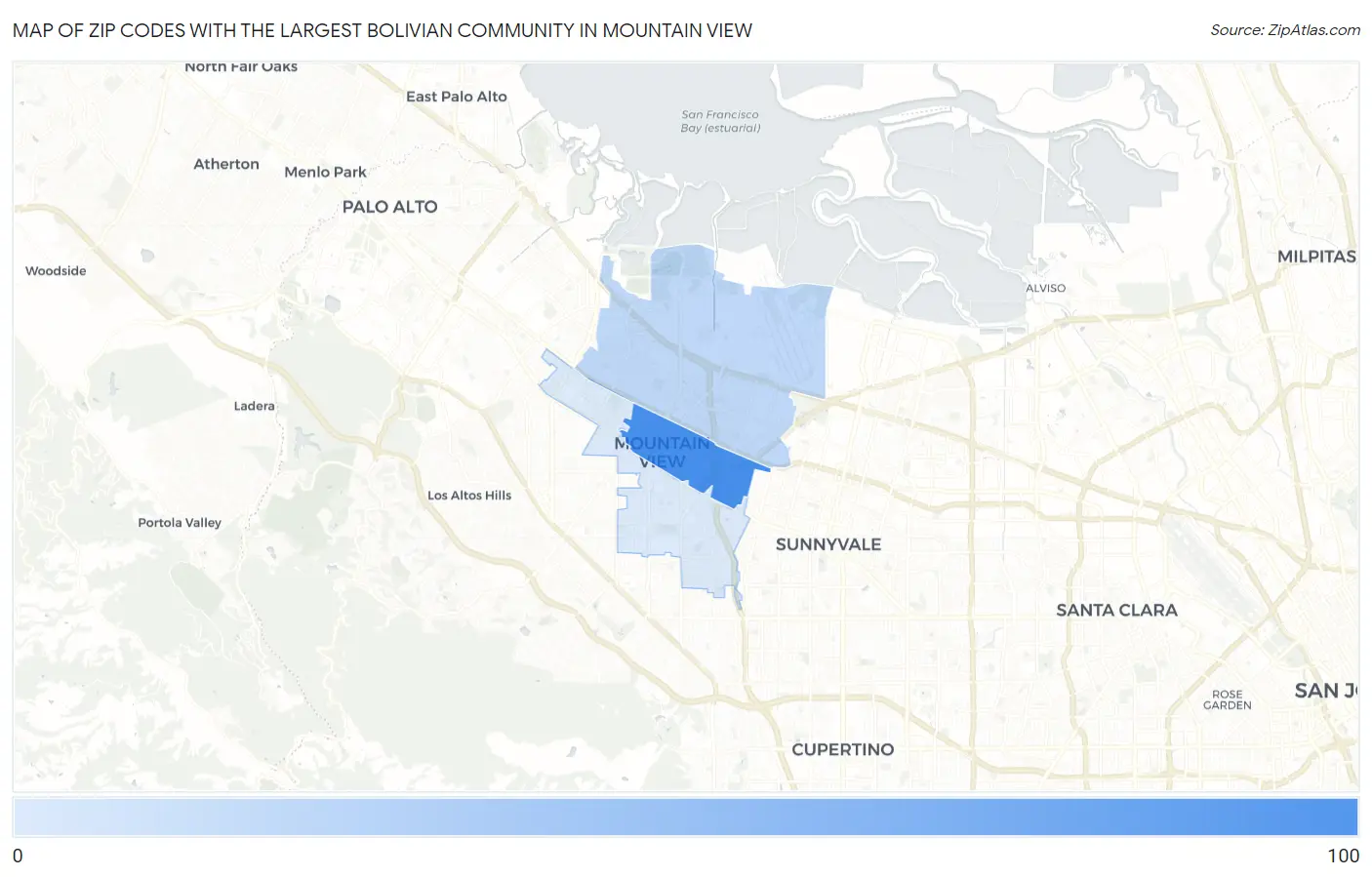 Zip Codes with the Largest Bolivian Community in Mountain View Map