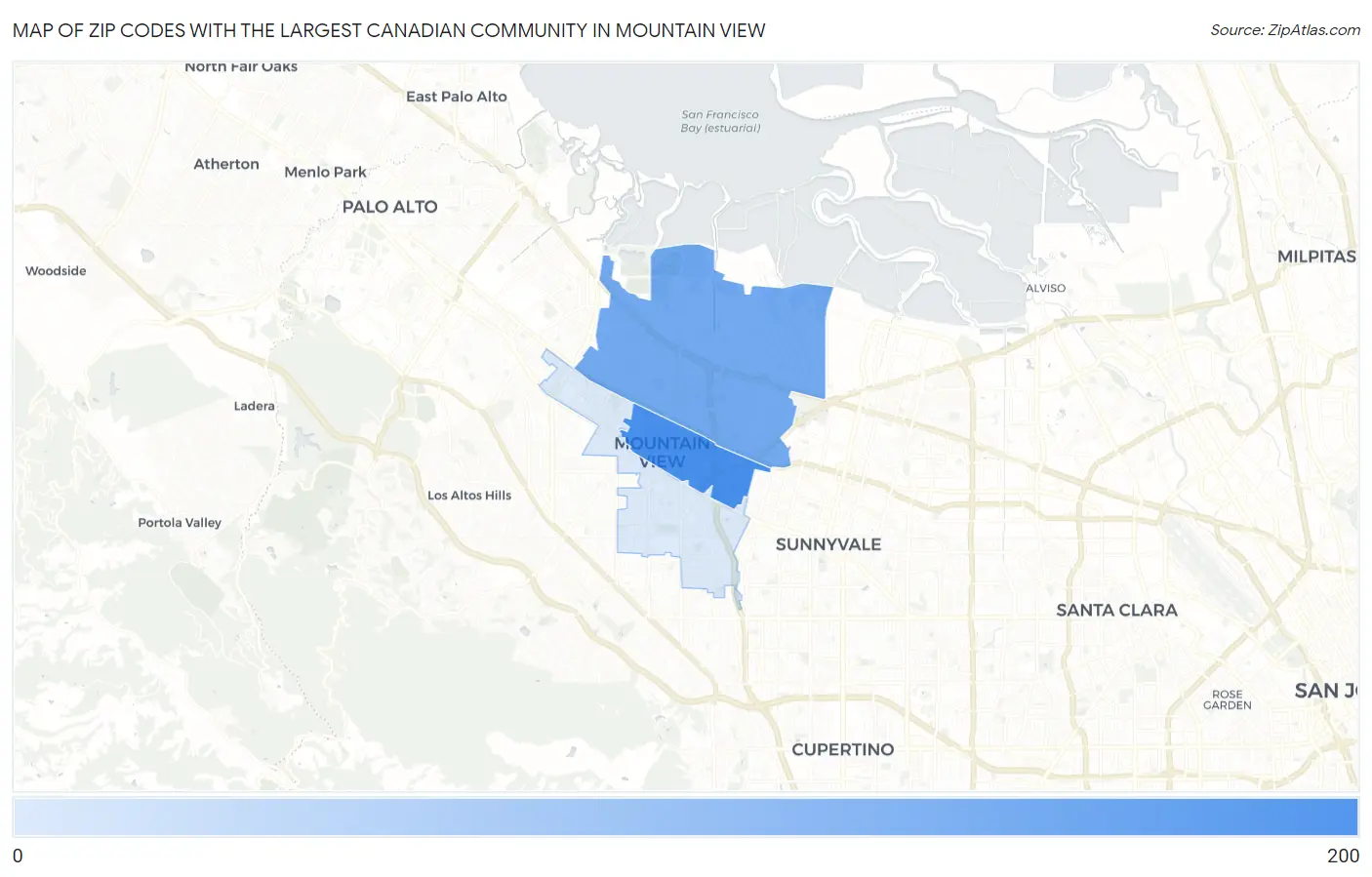 Zip Codes with the Largest Canadian Community in Mountain View Map