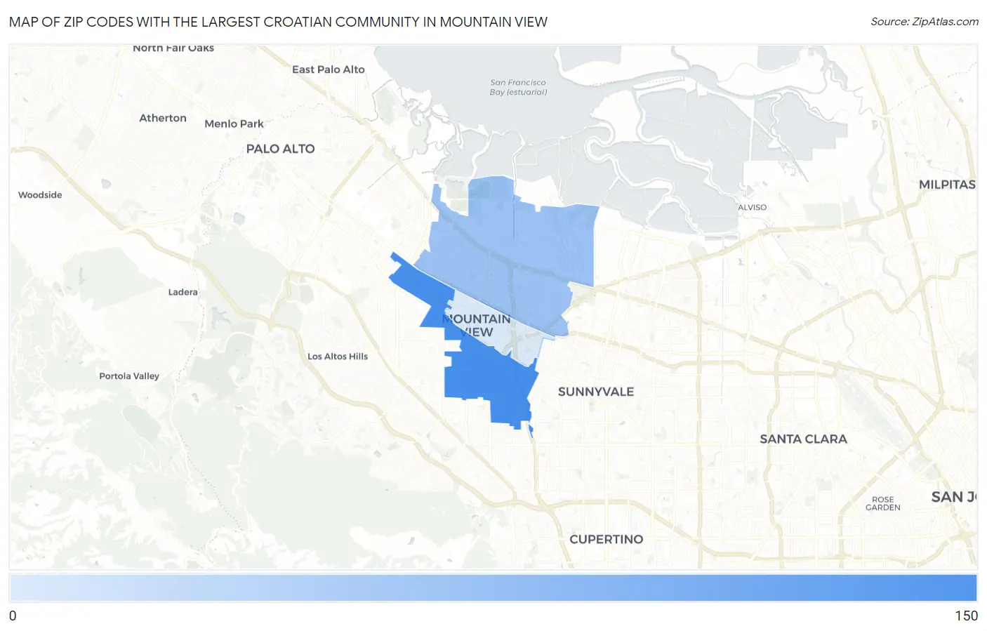 Zip Codes with the Largest Croatian Community in Mountain View Map