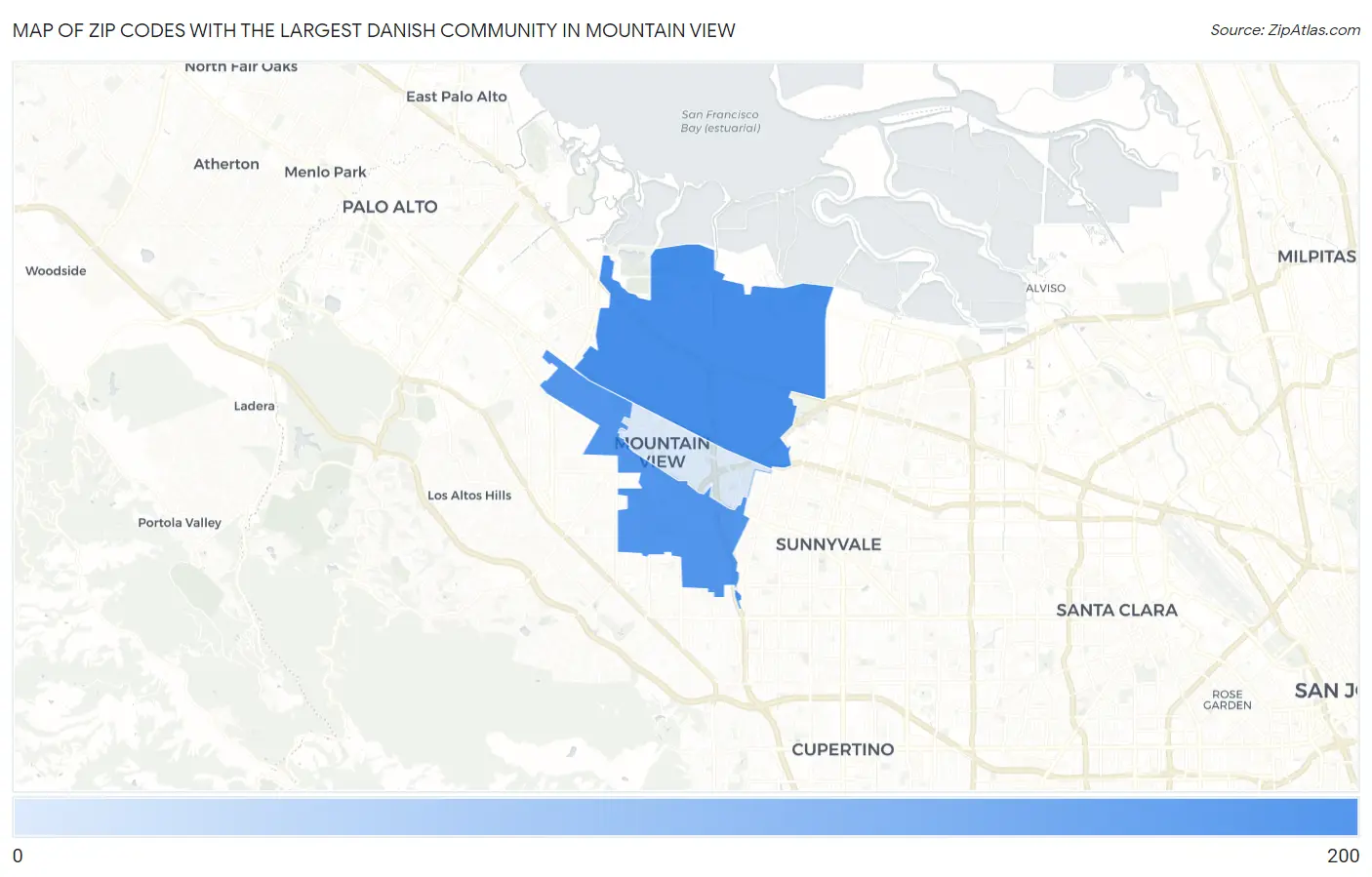 Zip Codes with the Largest Danish Community in Mountain View Map