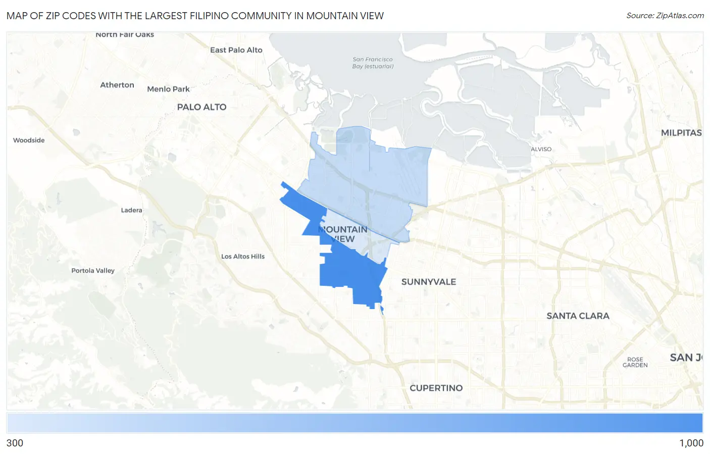 Zip Codes with the Largest Filipino Community in Mountain View Map