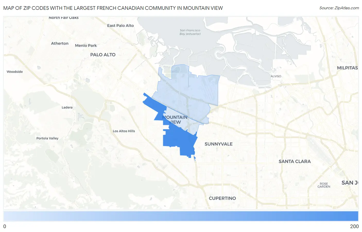 Zip Codes with the Largest French Canadian Community in Mountain View Map