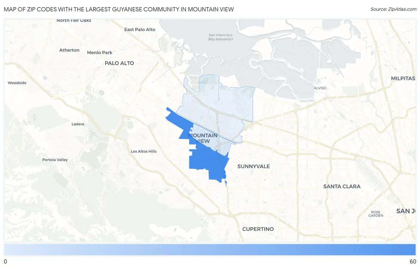 Zip Codes with the Largest Guyanese Community in Mountain View Map