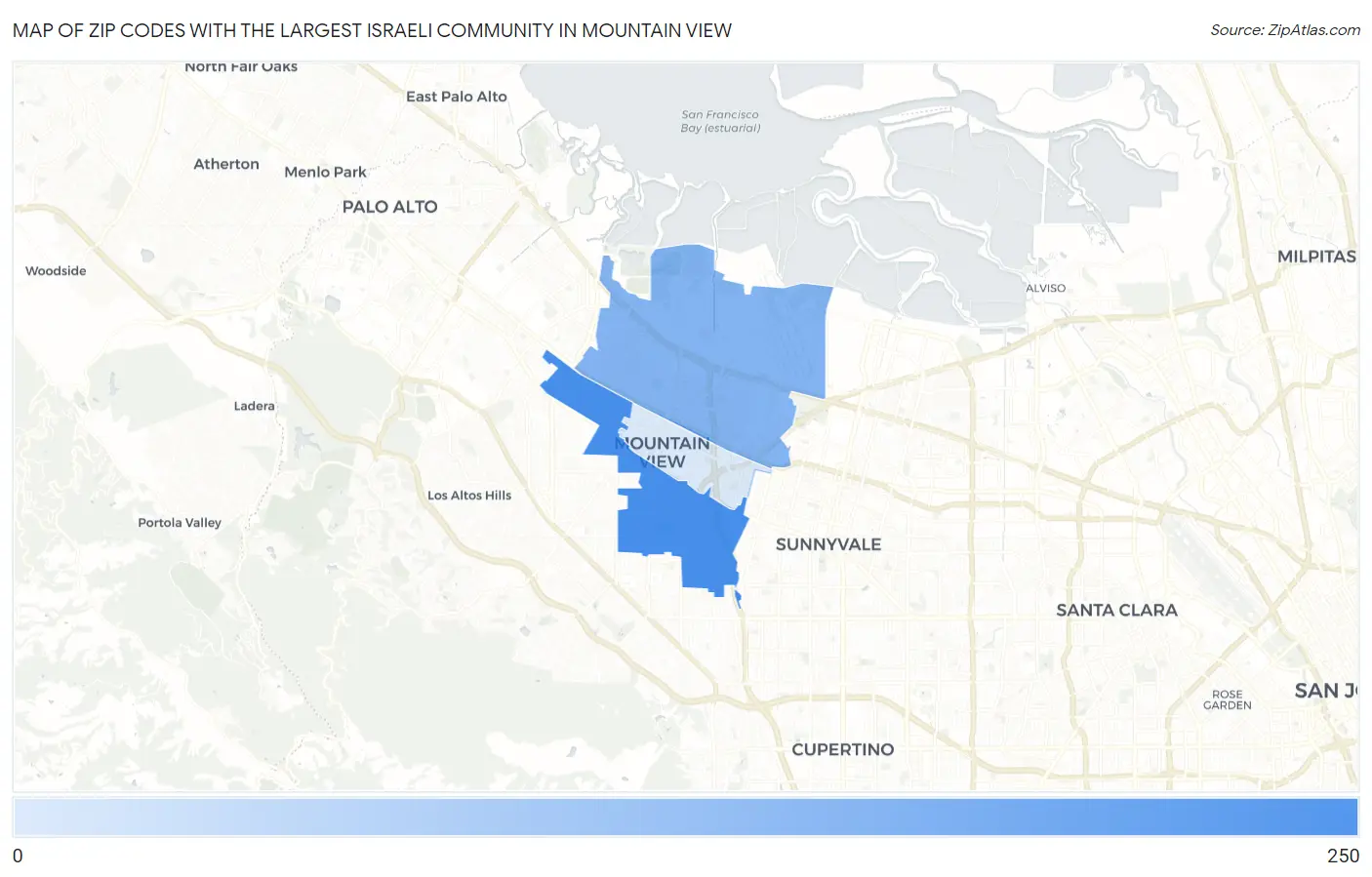 Zip Codes with the Largest Israeli Community in Mountain View Map