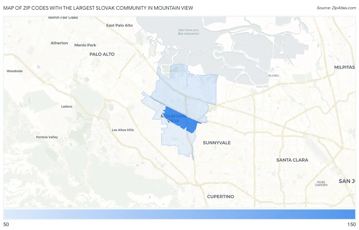 Zip Codes with the Largest Slovak Community in Mountain View Map