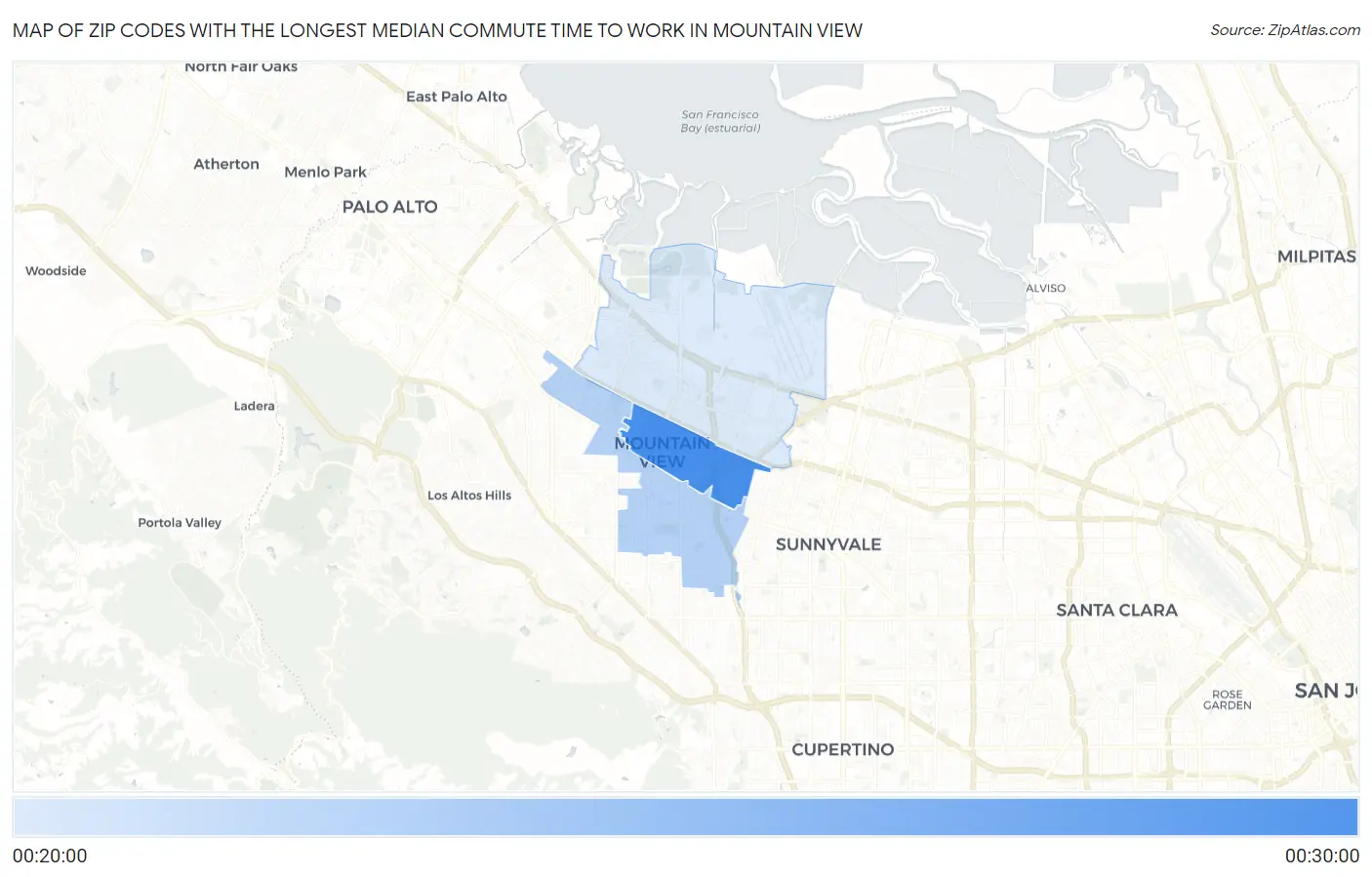 Zip Codes with the Longest Median Commute Time to Work in Mountain View Map