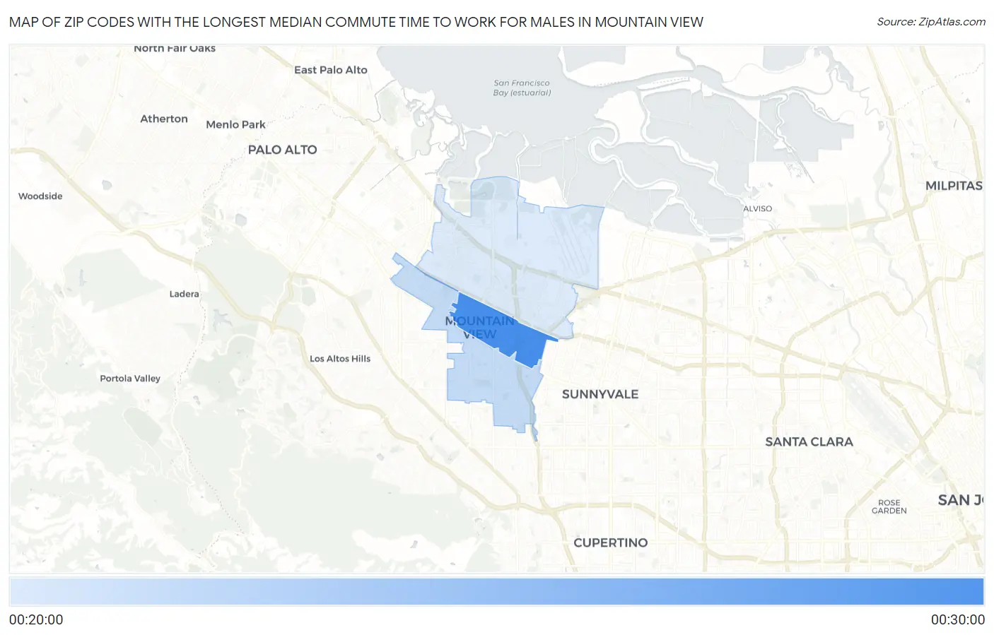 Zip Codes with the Longest Median Commute Time to Work for Males in Mountain View Map