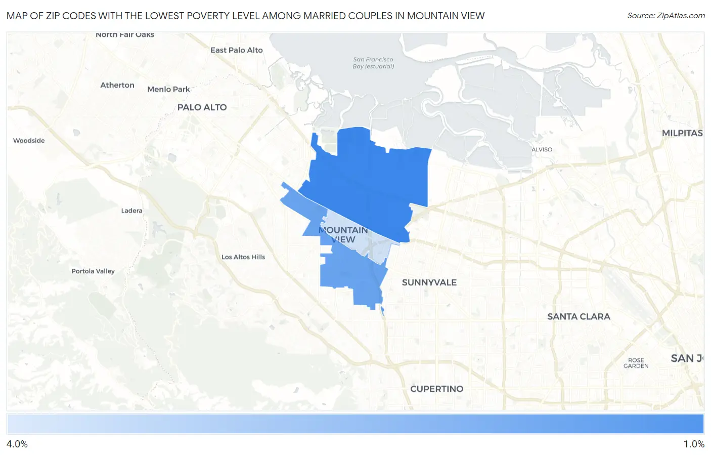 Zip Codes with the Lowest Poverty Level Among Married Couples in Mountain View Map