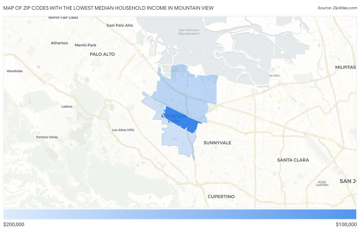 Zip Codes with the Lowest Median Household Income in Mountain View Map