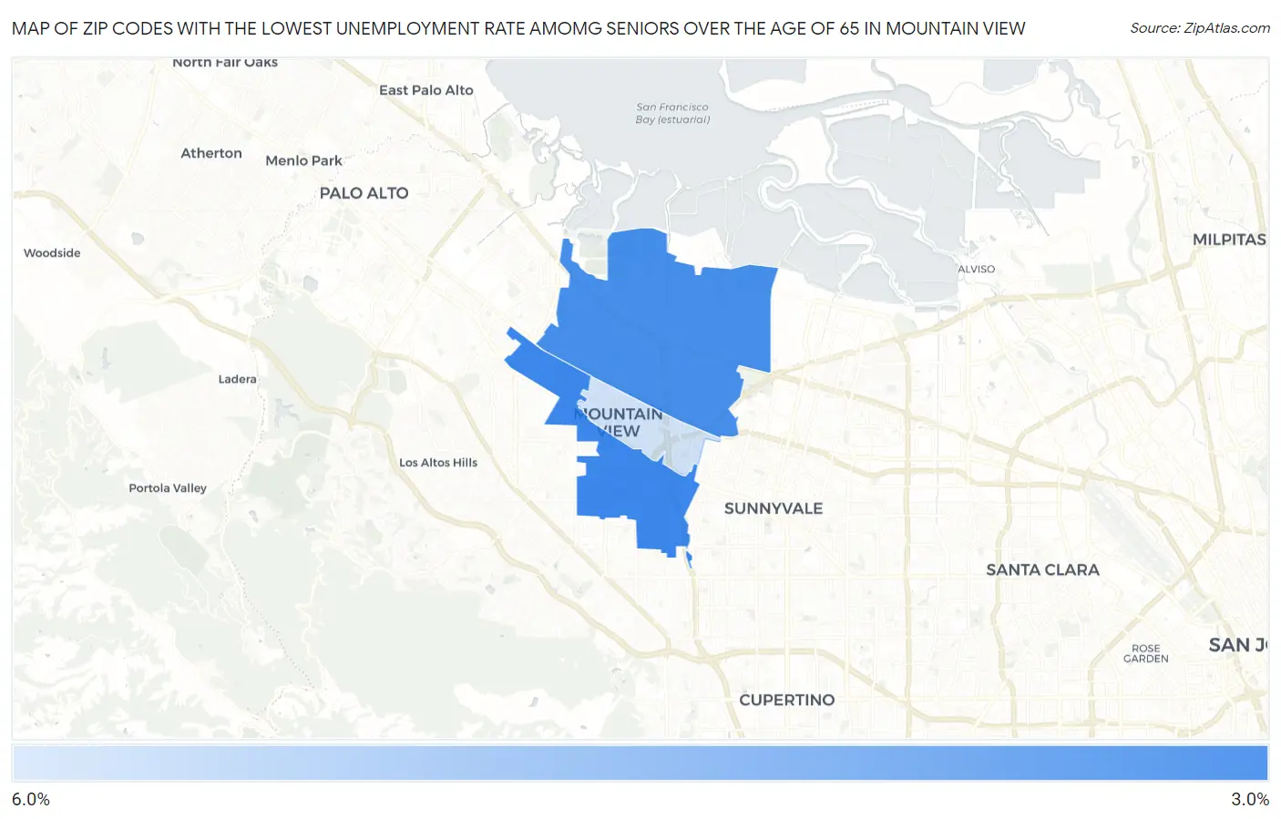 Zip Codes with the Lowest Unemployment Rate Amomg Seniors Over the Age of 65 in Mountain View Map