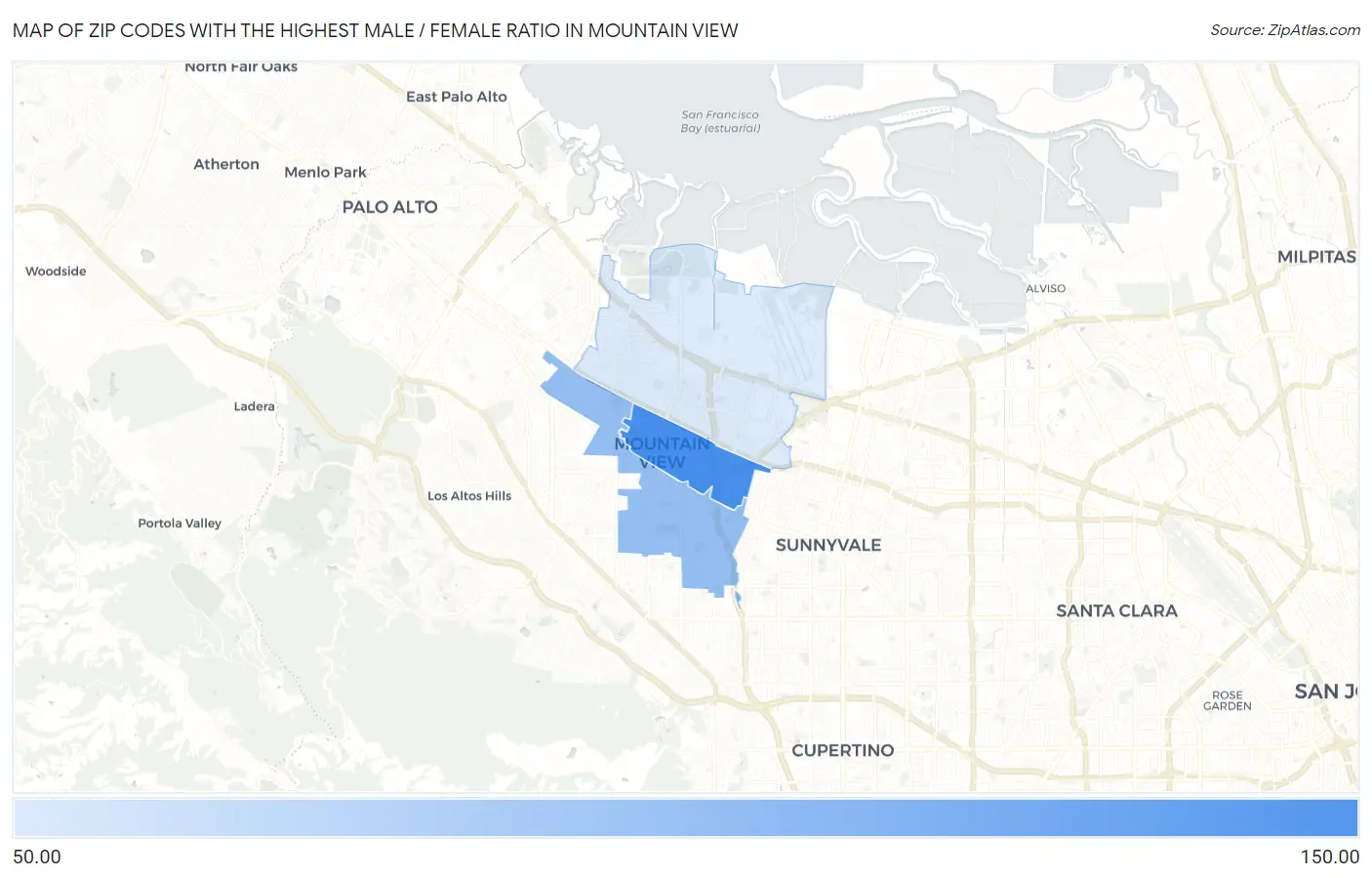Zip Codes with the Highest Male / Female Ratio in Mountain View Map