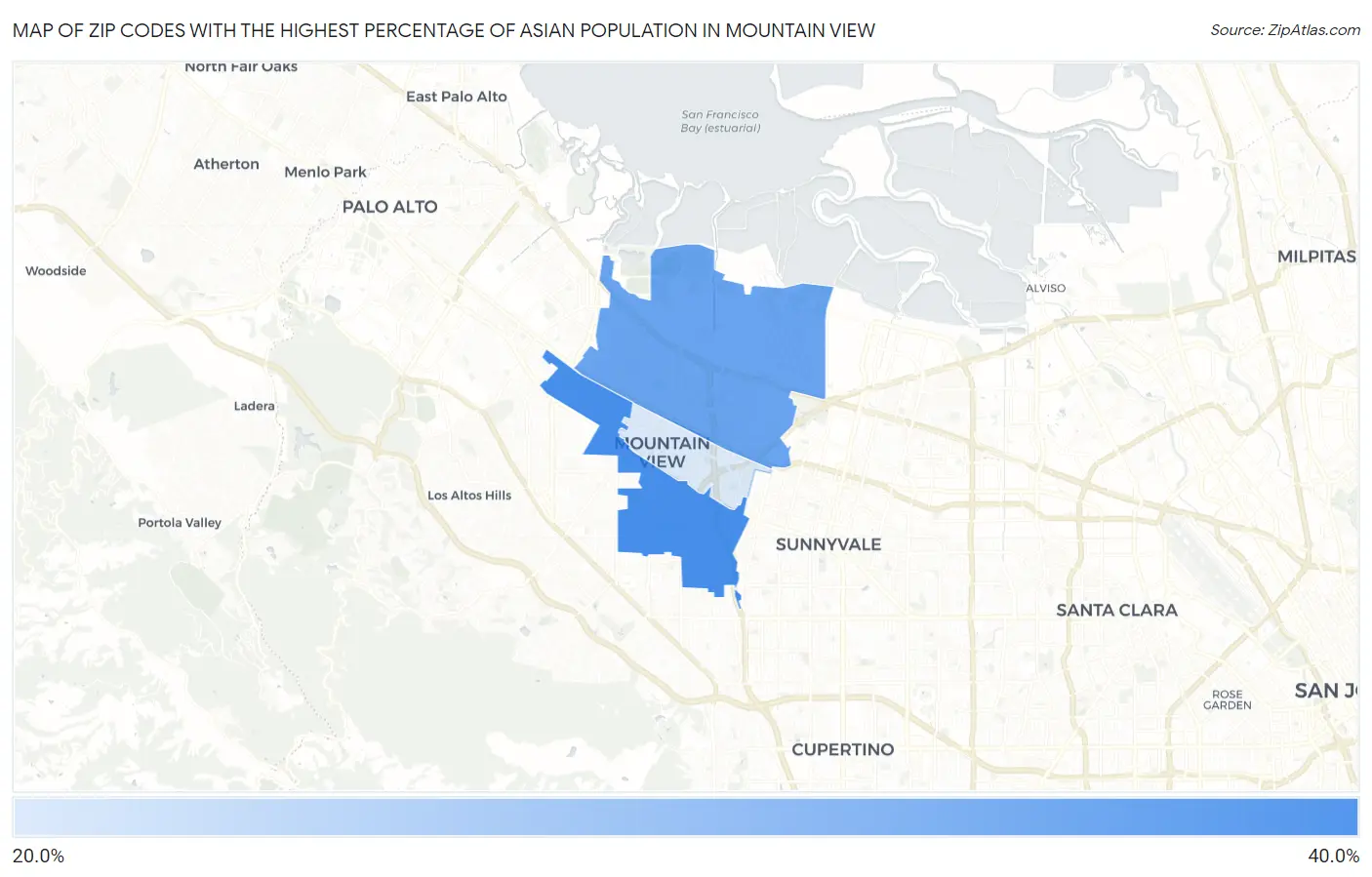 Zip Codes with the Highest Percentage of Asian Population in Mountain View Map