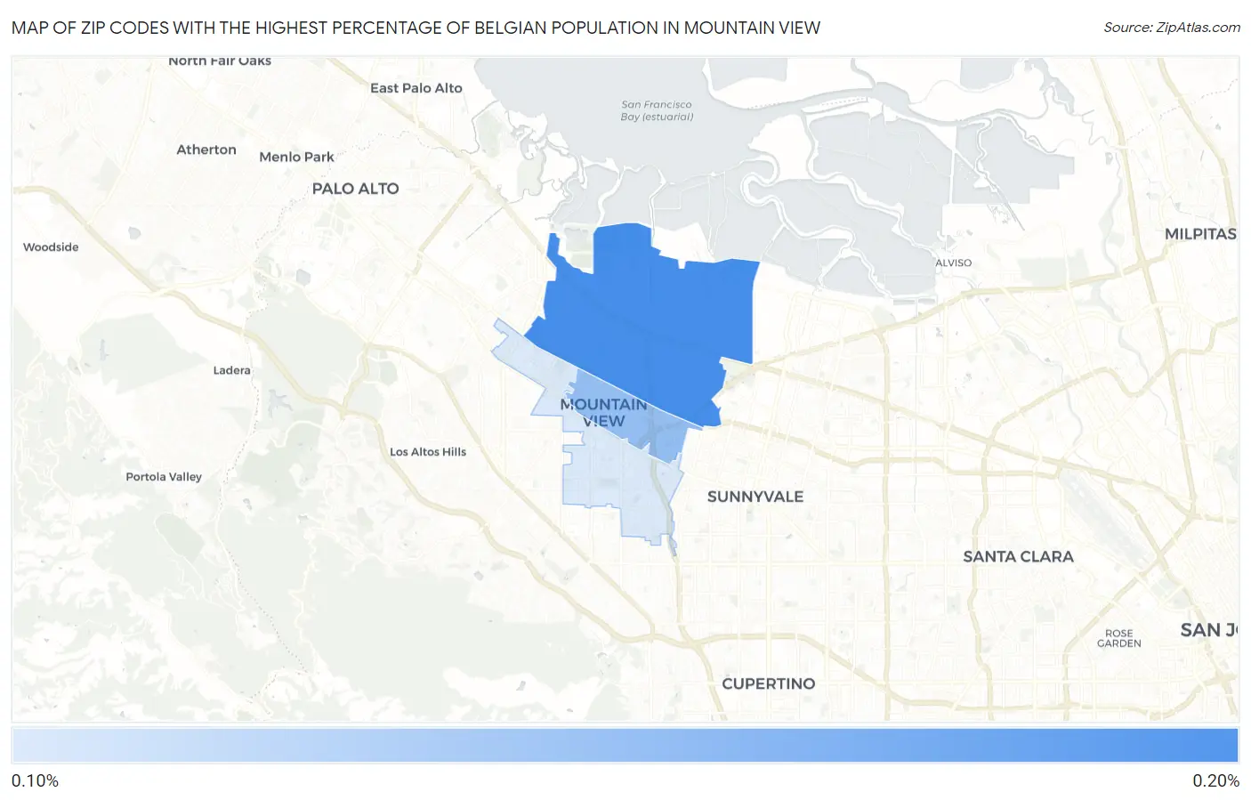 Zip Codes with the Highest Percentage of Belgian Population in Mountain View Map
