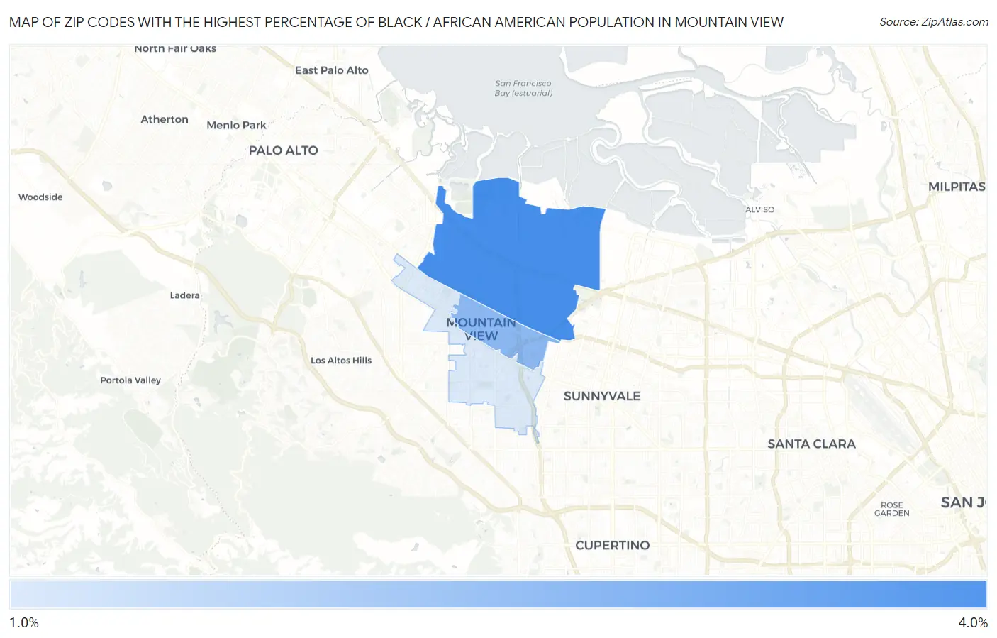 Zip Codes with the Highest Percentage of Black / African American Population in Mountain View Map