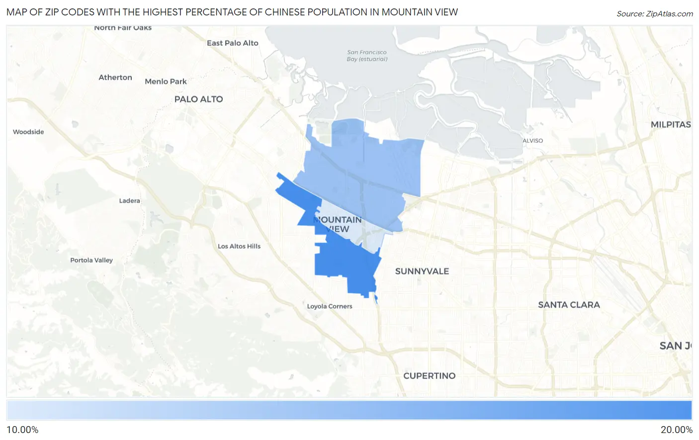 Zip Codes with the Highest Percentage of Chinese Population in Mountain View Map